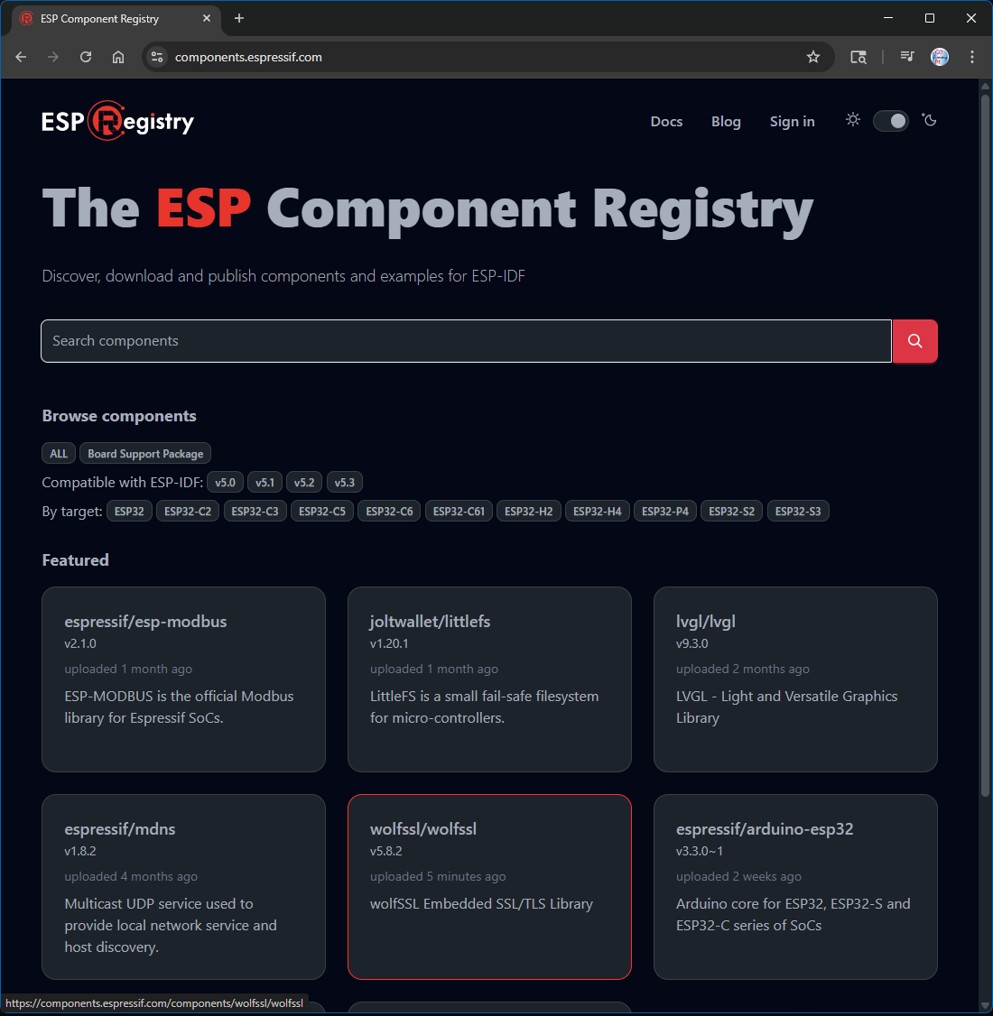 Snapshot of the ESP Component Registry page highlighting wolfSSL v5.8.2